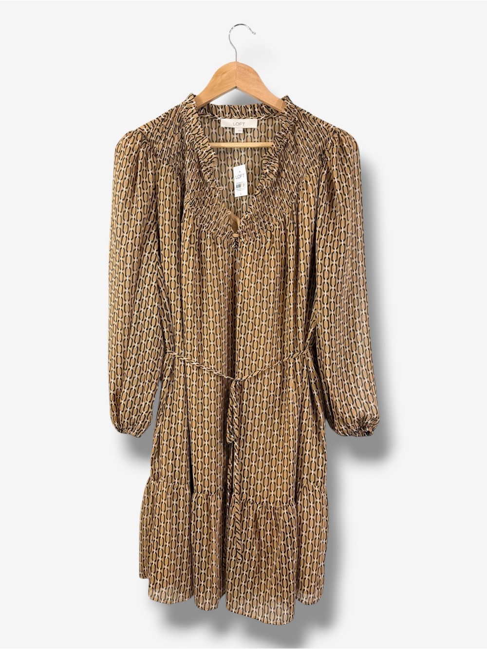 Loft Brown Geo Print Dress Size L Tie Waist Smock Ruffle Button V-Neck Office